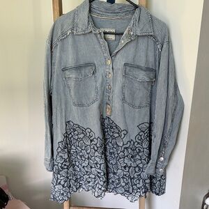 We The Free Striped Button-Down Shirt with Floral Hem - Blue & White